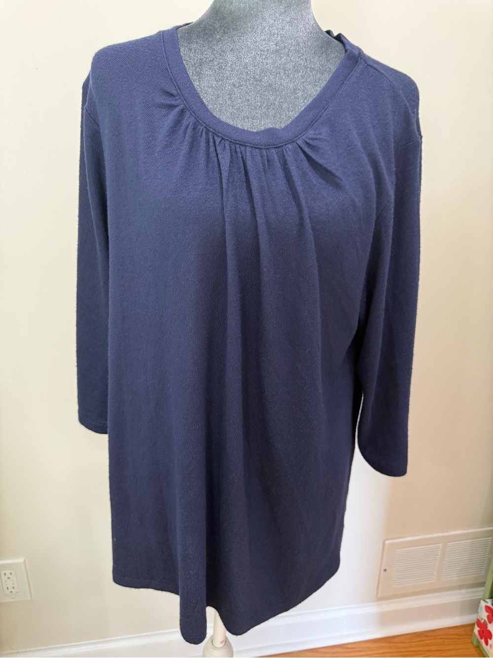 Classic Navy Gathered Scoop-Neck Long Sleeve Tee